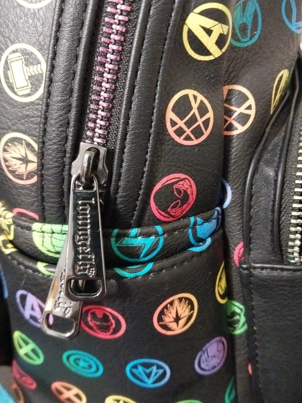 Loungefly Black Mini Backpack with Colorful Marvel Superhero Icons